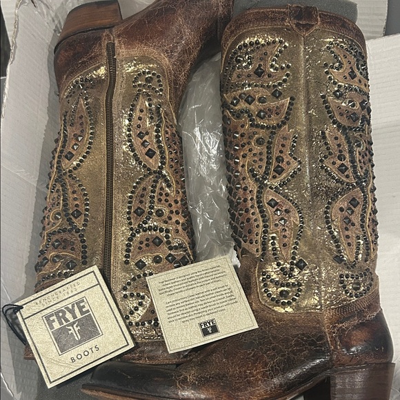 Frye Shoes - Frye Brown Leather Western Boots with Gold Stud Detail
